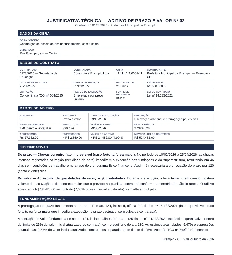 Justificativa técnica de aditivo de prazo e valor com dados da obra, do contrato e fundamentação legal